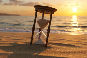 hourglass with sand flowing through it, lodged in the sand of a beach with a sunset in the background