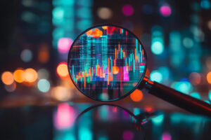 Blurred out stock market data coming into focus with a magnifying glass