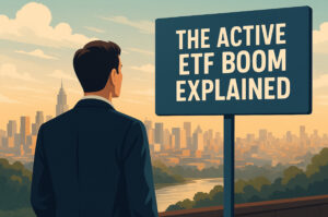 Illustration of a man in a suit looking toward a city skyline at sunset, facing a large sign that reads “The Active ETF Boom Explained.”